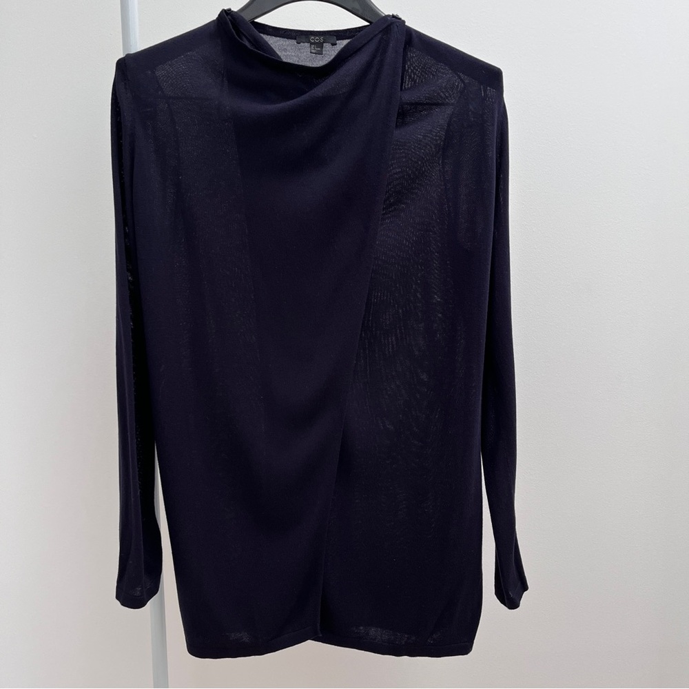 COS open front wrap drape cardigan S navy button up shoulders timeless old money
